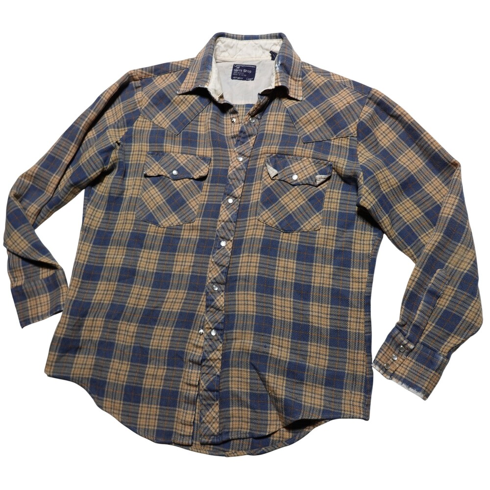 Vintage JCPenney Shirt Mens L Blue Plaid Flannel Lined Long Sleeve Western Snap